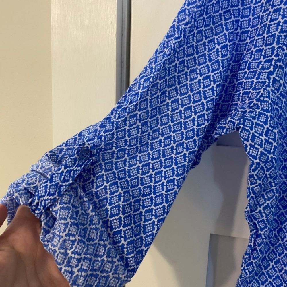 Hester & Orchard XL Blue White Geometric Cotton Roll Tab Pintuck Blouse Boho - Picture 5 of 15